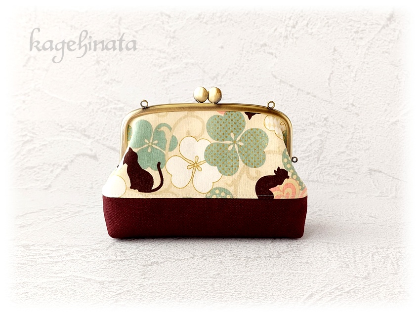 親子がま口ポーチ(黒猫クローバー:アイボリー)