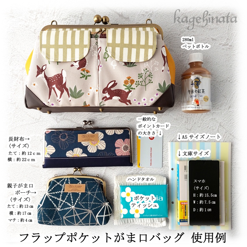 フラップポケットがま口バッグ(ラビットフラワー:ネイビー)