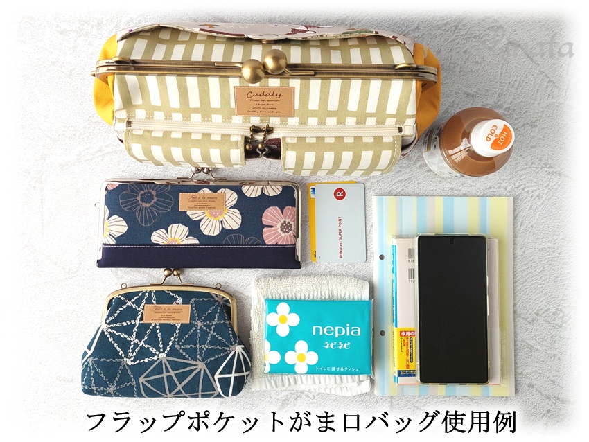 フラップポケットがま口バッグ(ラビットフラワー:ネイビー)