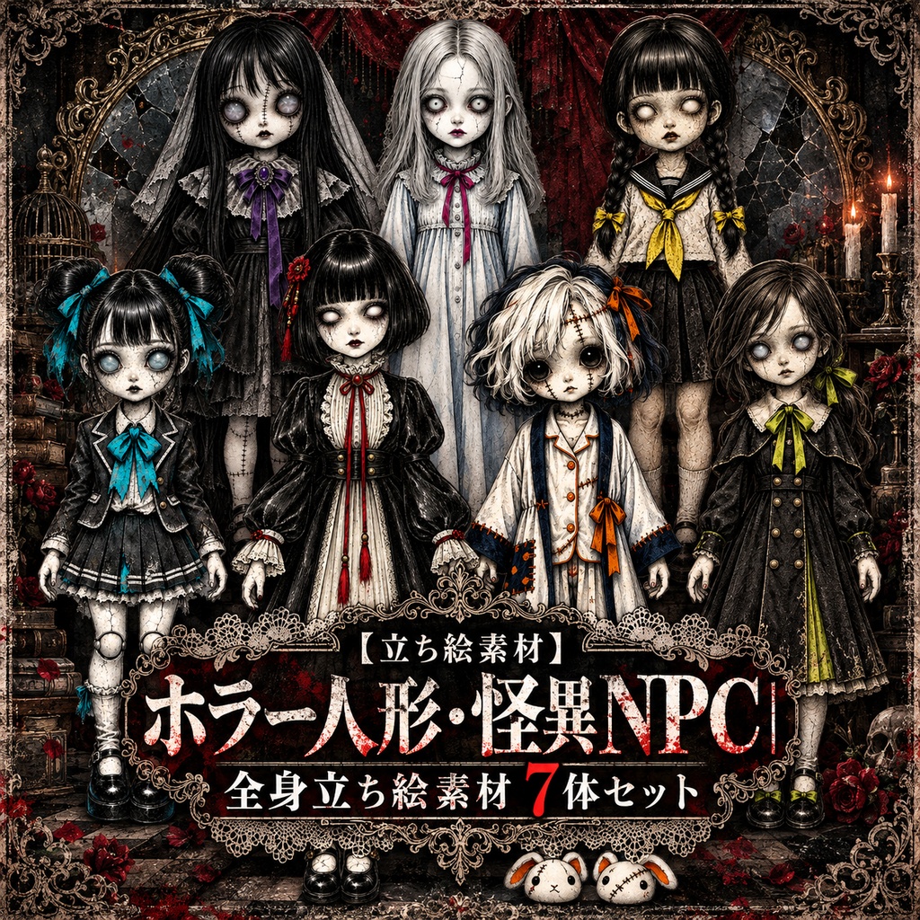 ホラー人形・怪異NPC｜全身立ち絵素材 7体セット【透過PNG】