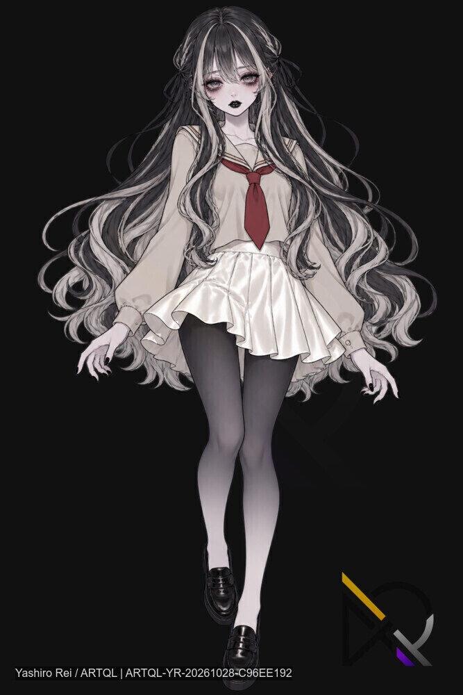 【立ち絵+一枚絵】黒髪×白メッシュのセーラー服少女|背景透過PNG・2枚セット