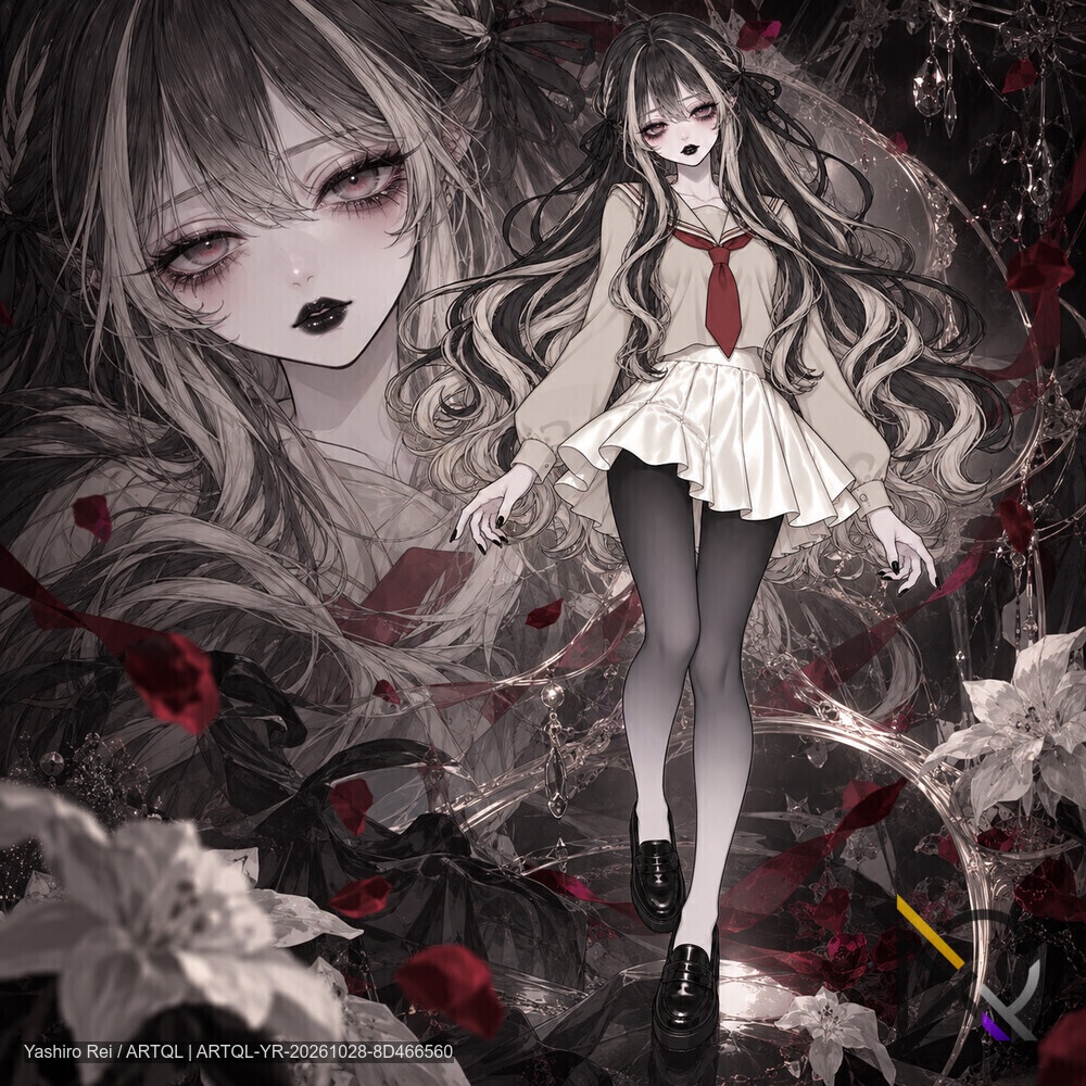 【立ち絵＋一枚絵】黒髪×白メッシュのセーラー服少女｜背景透過PNG・2枚セット