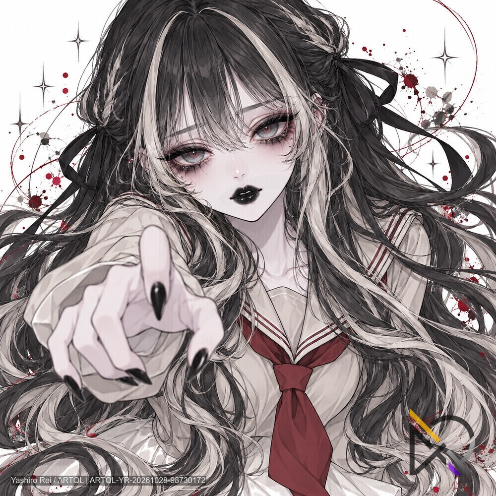 【立ち絵+一枚絵】黒髪×白メッシュのセーラー服少女|背景透過PNG・2枚セット