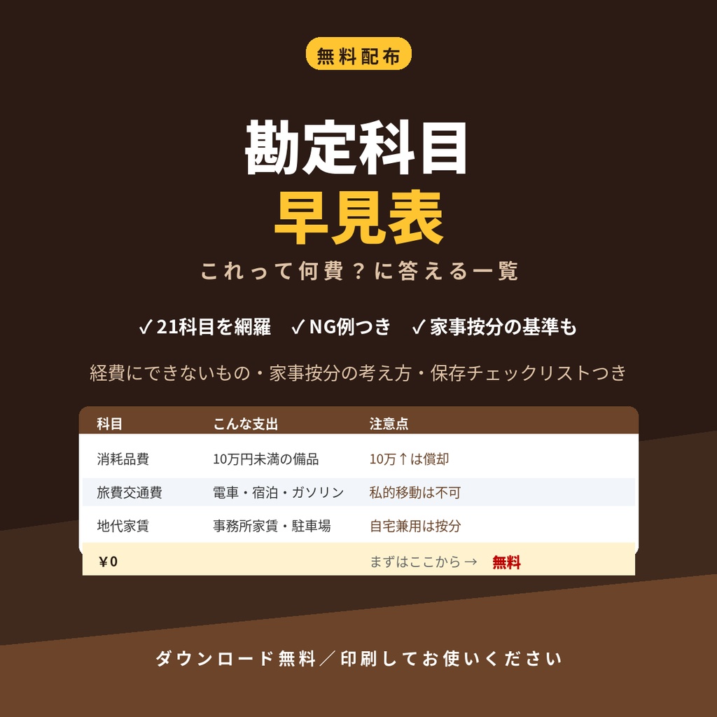 【無料】勘定科目 早見表＆経費チェックリスト｜これって何費？がすぐ分かるExcel・印刷可