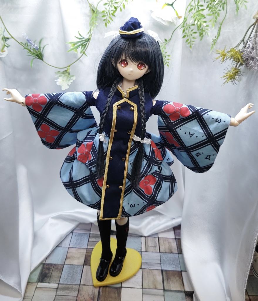 ☆【SALE】着物袖軍服風ワンピースセット DDサイズ(紺×水色地顔文字紫陽花菱)☆