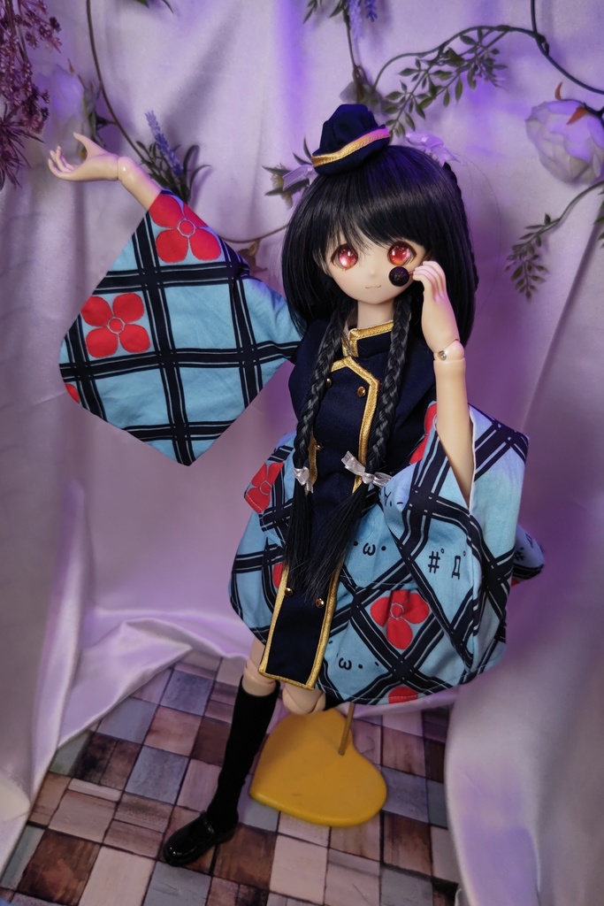 ☆【SALE】着物袖軍服風ワンピースセット DDサイズ(紺×水色地顔文字紫陽花菱)☆