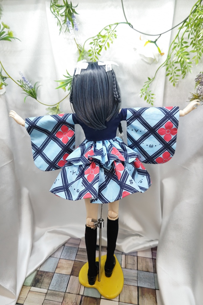 ☆【SALE】着物袖軍服風ワンピースセット DDサイズ(紺×水色地顔文字紫陽花菱)☆