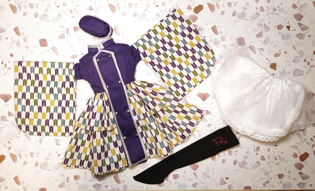☆【SALE】着物袖軍服風ワンピースセット DDサイズ(紫×紫メイン矢絣)☆