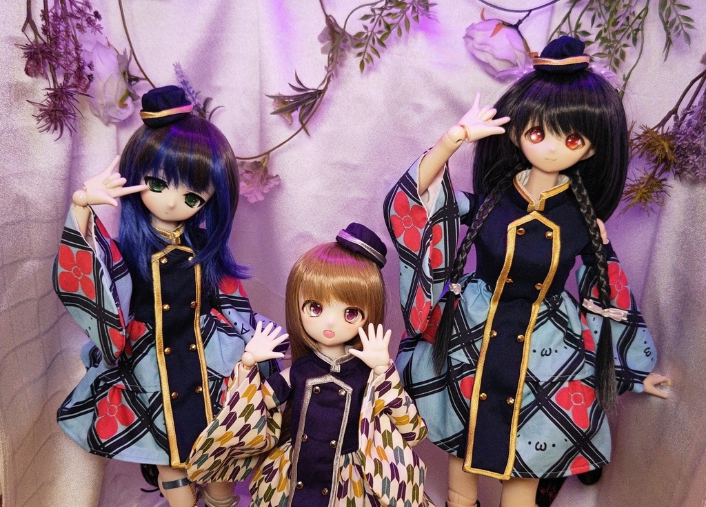 ☆着物袖軍服風ワンピースセット MDD・DDPサイズ(紺×水色地顔文字紫陽花菱)☆ - はんどめいど あかねすたいる - BOOTH