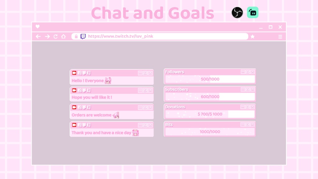 【配信】Pink Windows - Chat and Goals for Stream - Twitch/Facebook Chat Box