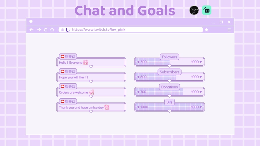 【配信】Purple white heart - Chat and Goals for Stream - Twitch/Youtube/Facebook Chat Box