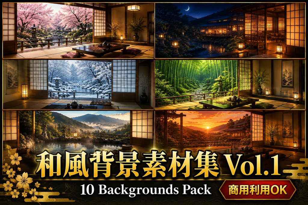【商用利用OK】和風背景素材集 Vol.1|旅館・和室・庭園セット(10枚)