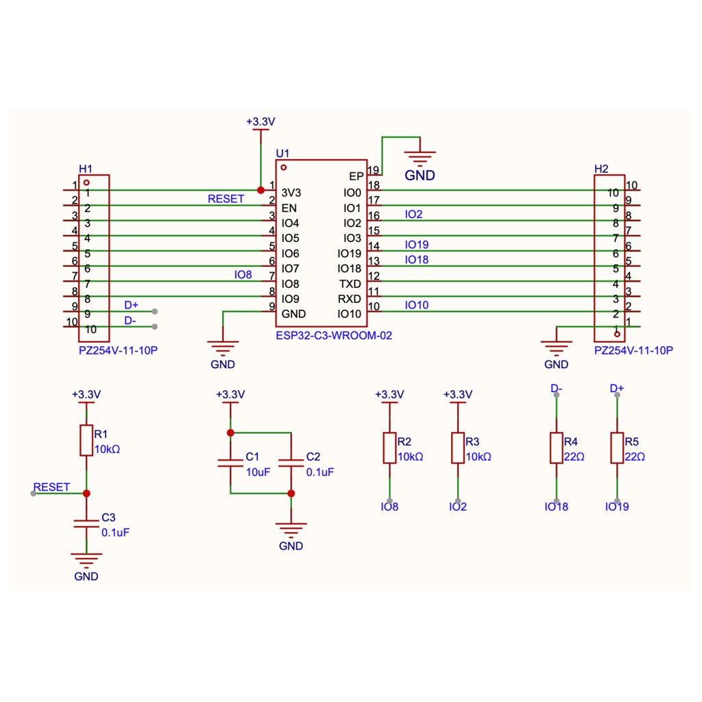 ESP32-C3 ピッチ変換基板(USB D-/D+付き)