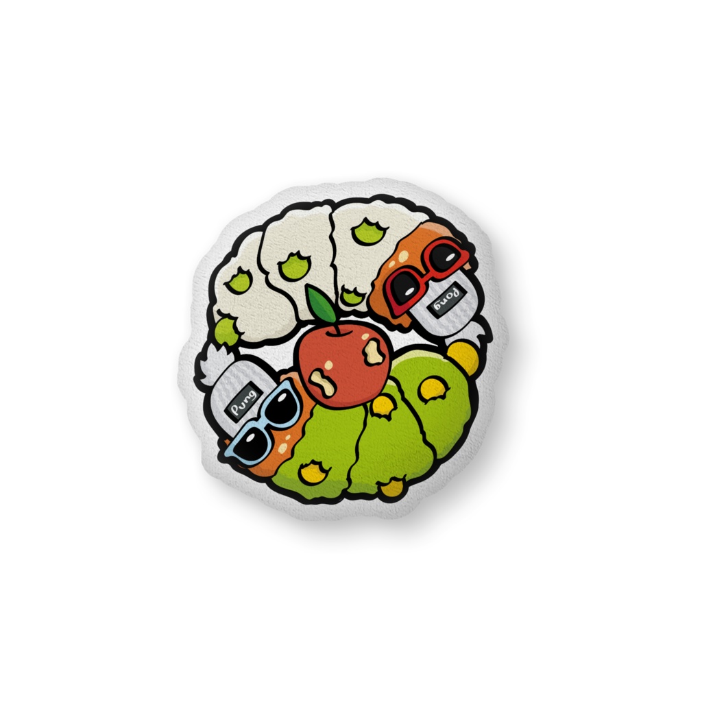 りんごをかじる芋虫たちのクッション