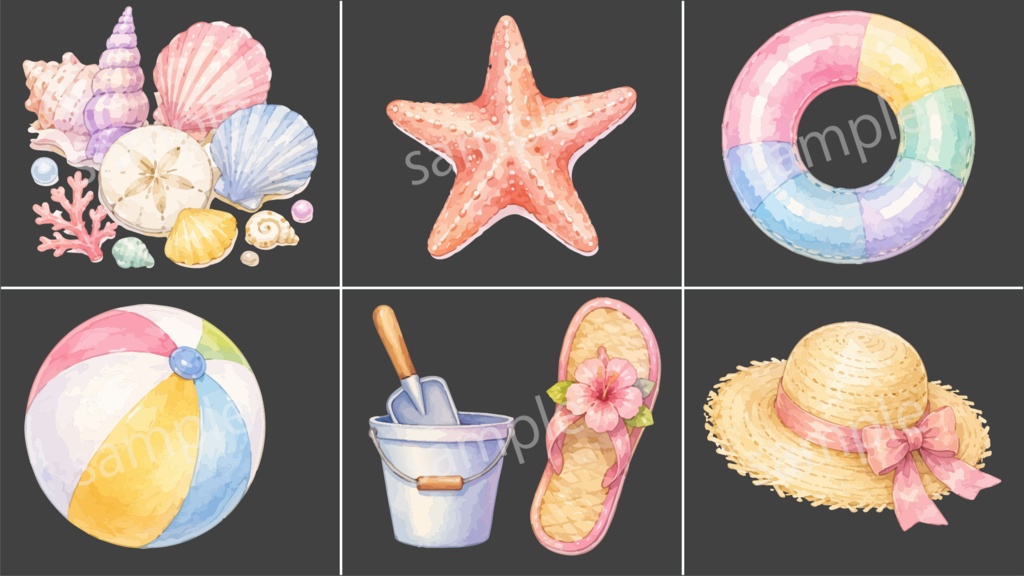 【配信素材】水彩夏小物セット 54素材|透過PNG|OBS対応|夏配信向け
