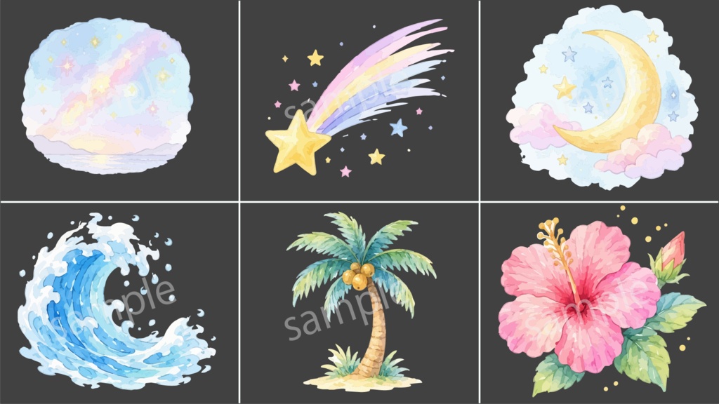 【配信素材】水彩夏小物セット 54素材|透過PNG|OBS対応|夏配信向け