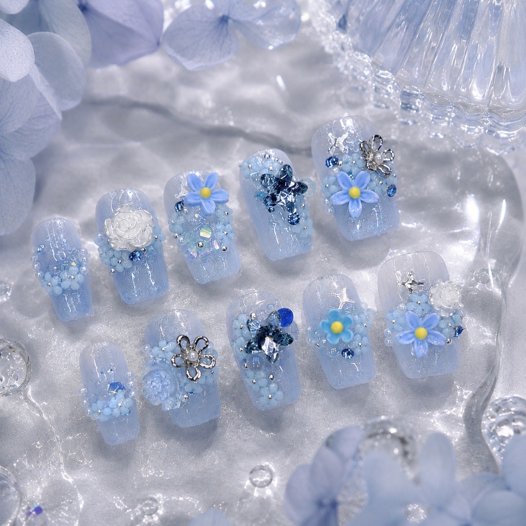 蒼花の朝露 ネイルチップ|ブルーフラワー・透明感・シルバー
