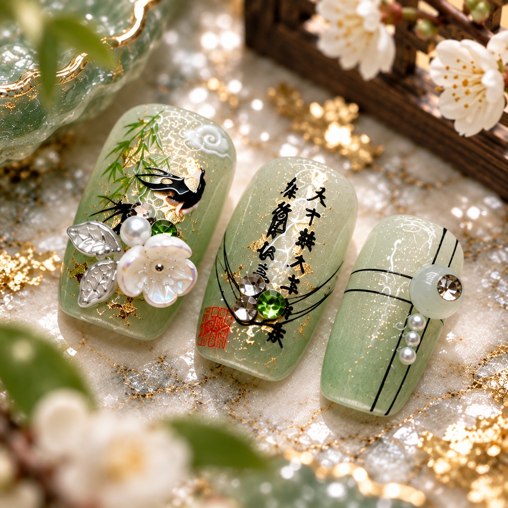 青磁の燕山水 ネイルチップ|水墨・中華風・青釉