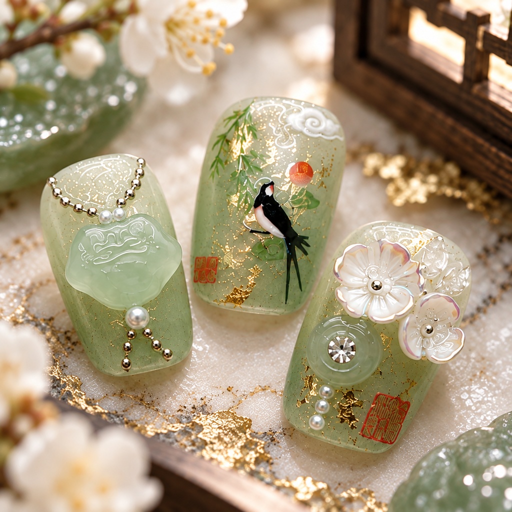 青磁の燕山水 ネイルチップ|水墨・中華風・青釉
