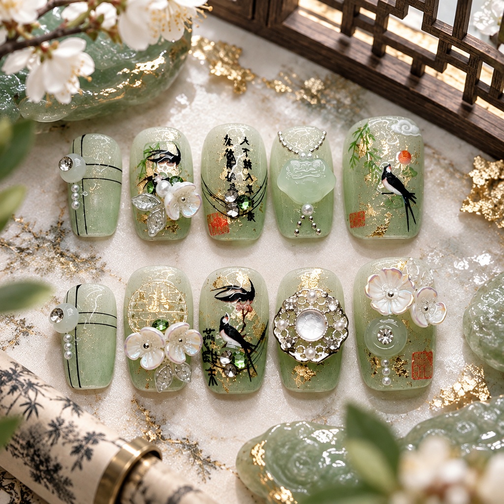 青磁の燕山水 ネイルチップ|水墨・中華風・青釉