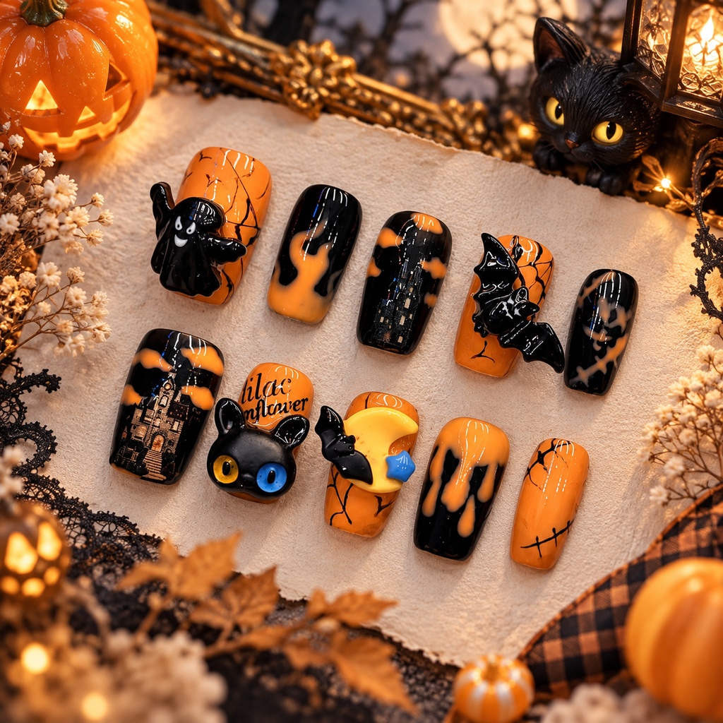 南瓜夜の黒猫 ネイルチップ｜ハロウィン・パンプキン・ブラックキャット