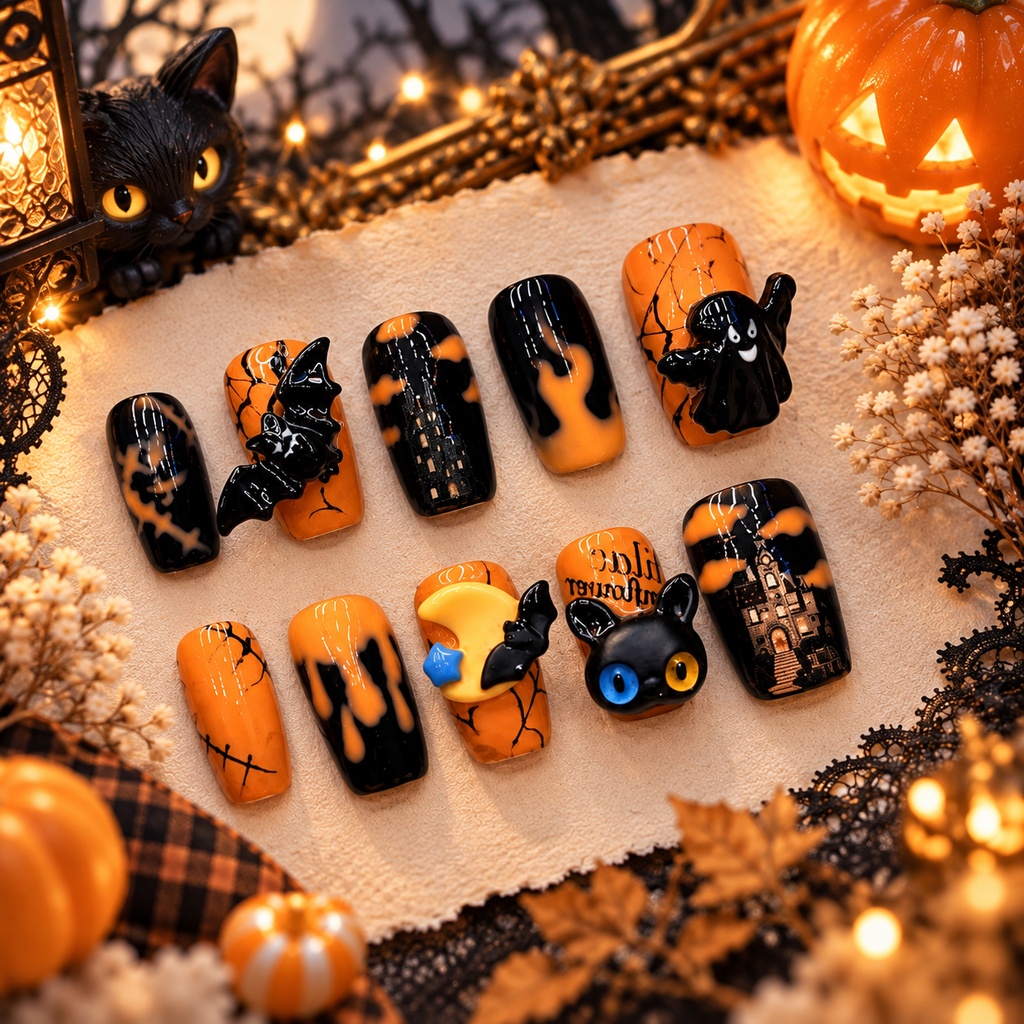 南瓜夜の黒猫 ネイルチップ|ハロウィン・パンプキン・ブラックキャット