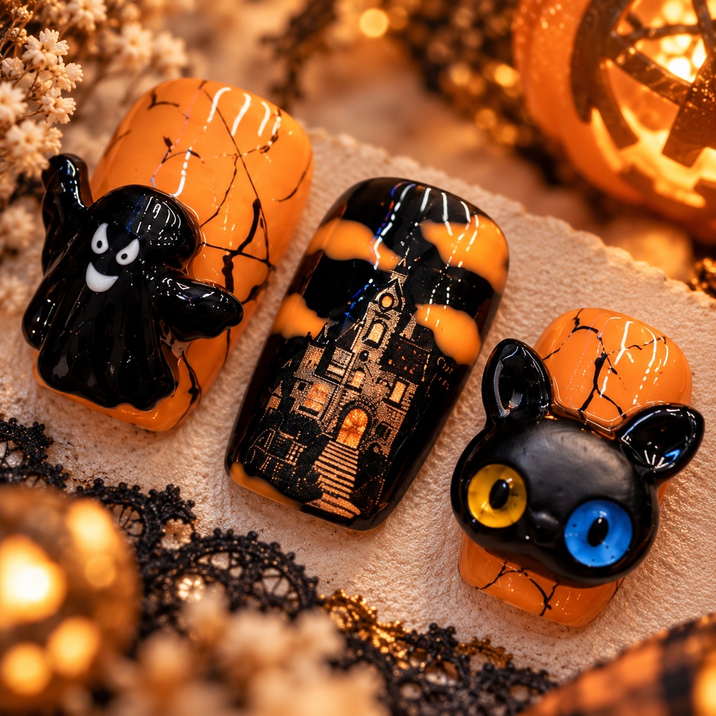 南瓜夜の黒猫 ネイルチップ|ハロウィン・パンプキン・ブラックキャット