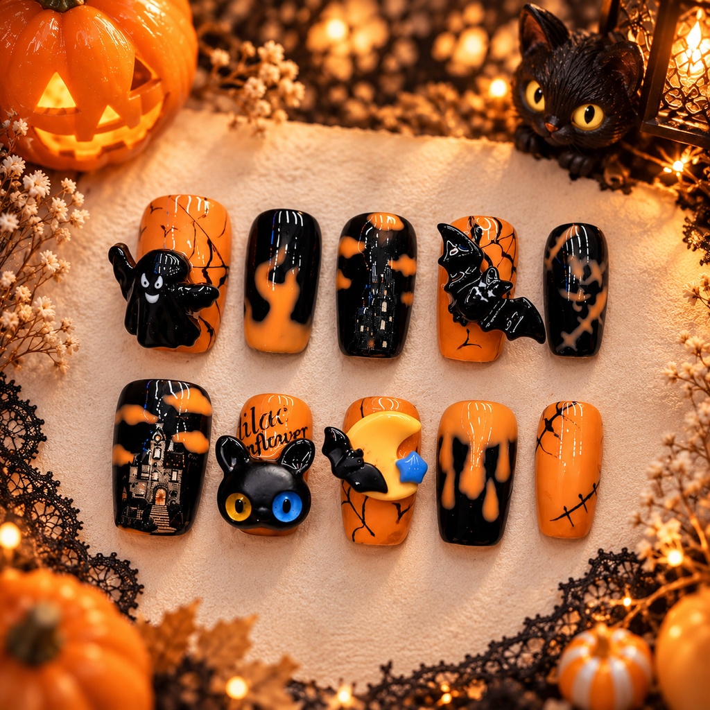 南瓜夜の黒猫 ネイルチップ|ハロウィン・パンプキン・ブラックキャット