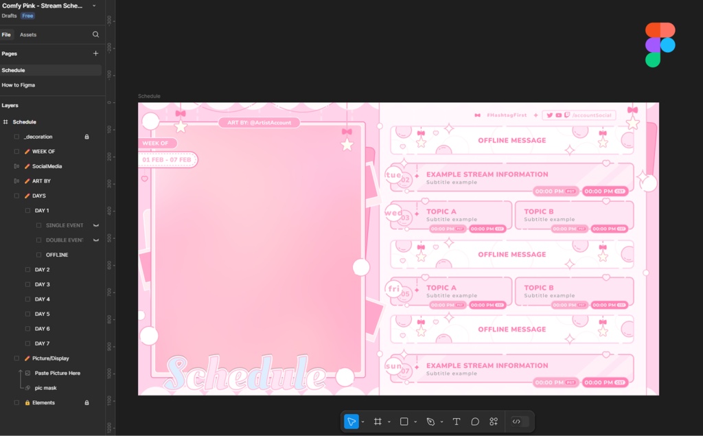 Comfy Pink|【週間予定素材】 ・週間スケジュール素材 【Vtuberさん・配信者さん向け】( Figma 対応)
