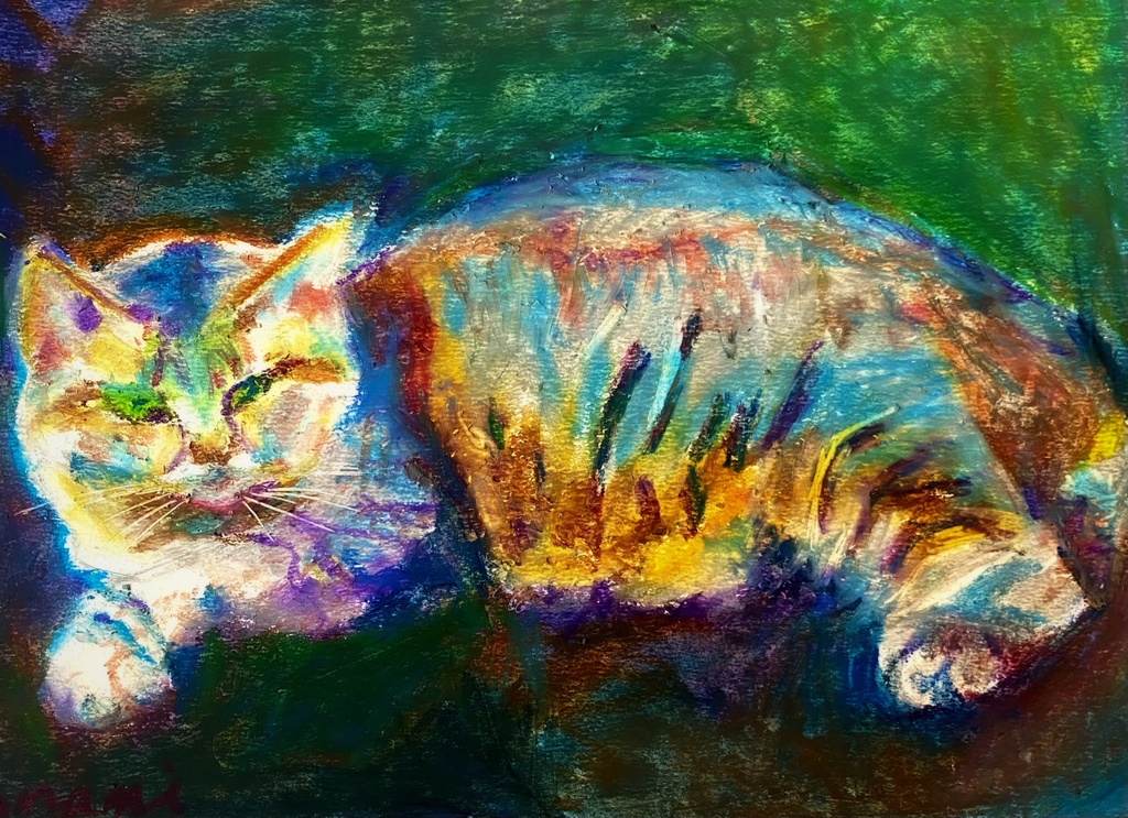 猫 クレヨン画 インテリア 一点物 原画販売 一番の贈り物 - 絵画