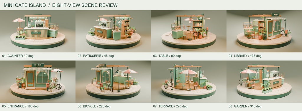 MINI CAFE ISLAND|ミニチュアカフェ・ジオラマ 3Dモデル【Blender / FBX / glb】