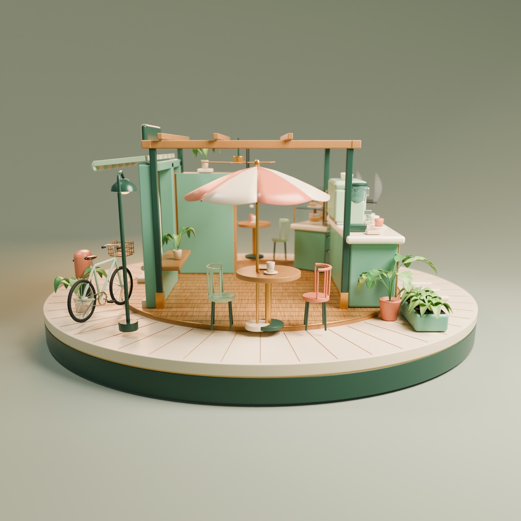 MINI CAFE ISLAND|ミニチュアカフェ・ジオラマ 3Dモデル【Blender / FBX / glb】