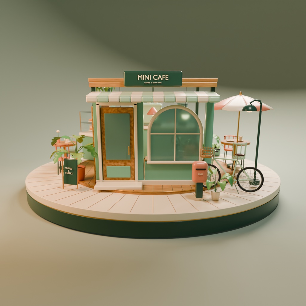 MINI CAFE ISLAND|ミニチュアカフェ・ジオラマ 3Dモデル【Blender / FBX / glb】