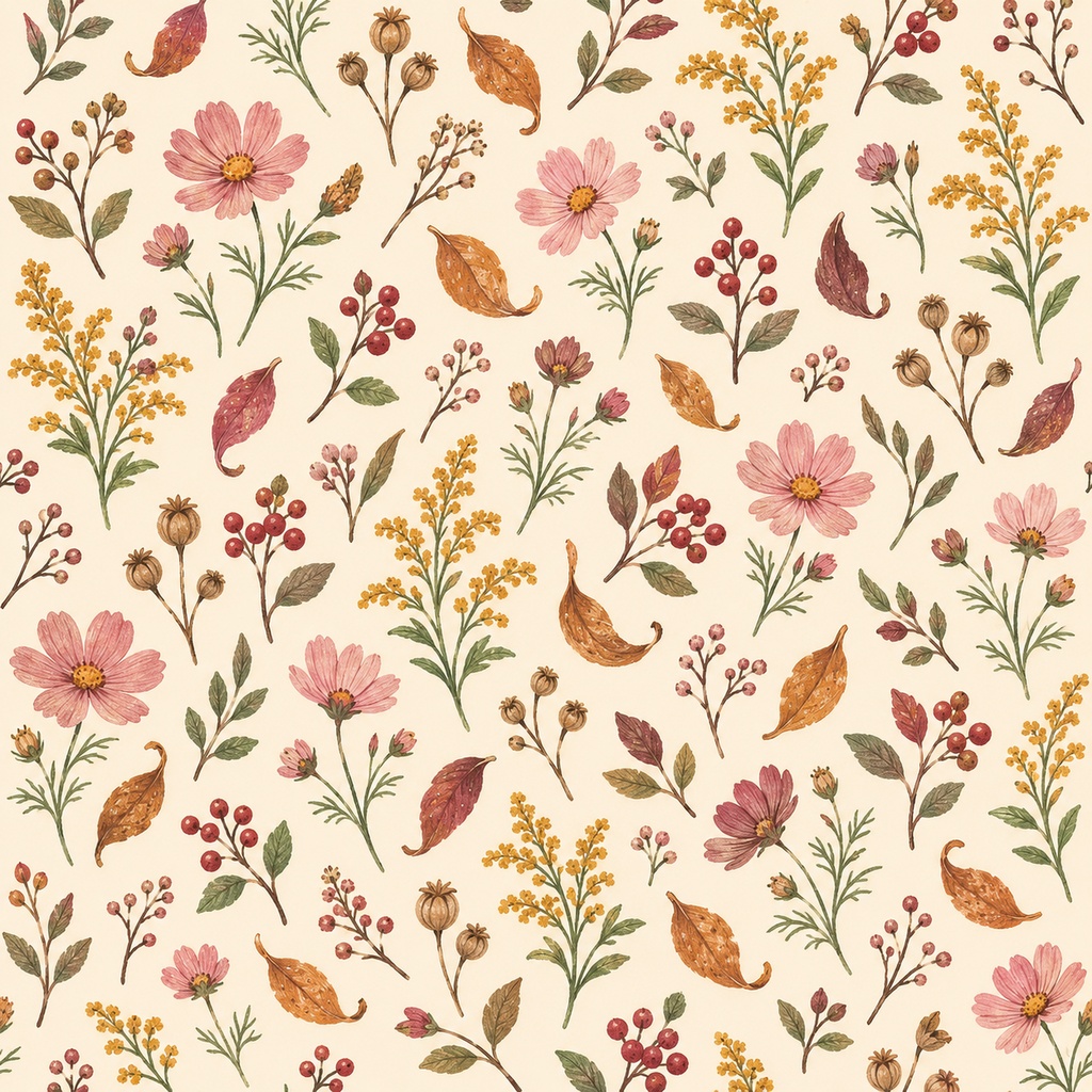 秋の草花と木の実を 描いた デジタルペーパー7種