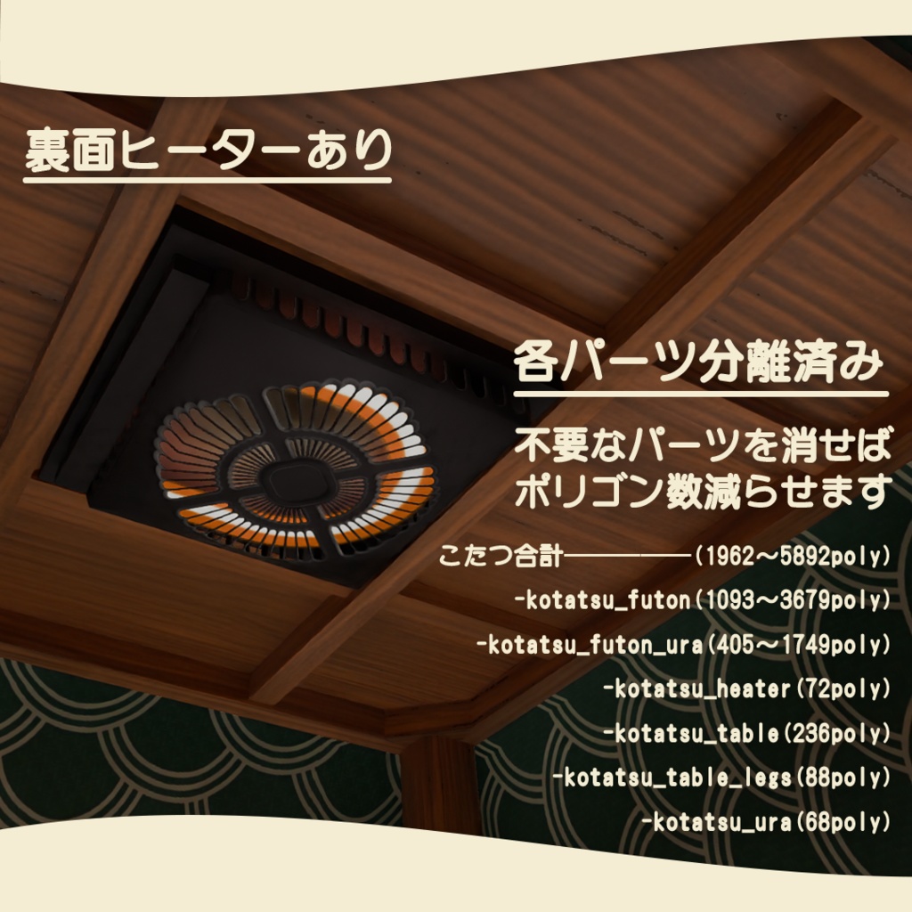 シンプルこたつセット(+座布団/畳/みかん)【オリジナル3Dモデル】