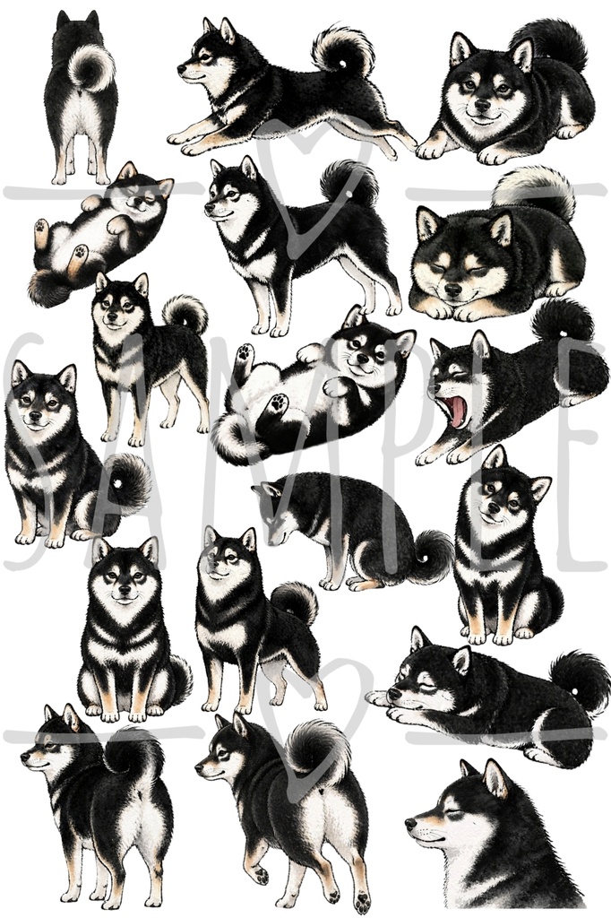 黒柴水墨画風イラスト｜背景透過点18点セット