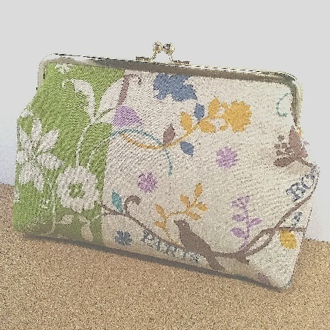 がま口ポーチ　植物と鳩　緑