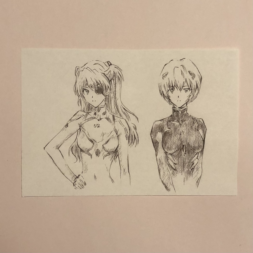 ペン画　葉書サイズ(式波・綾波)