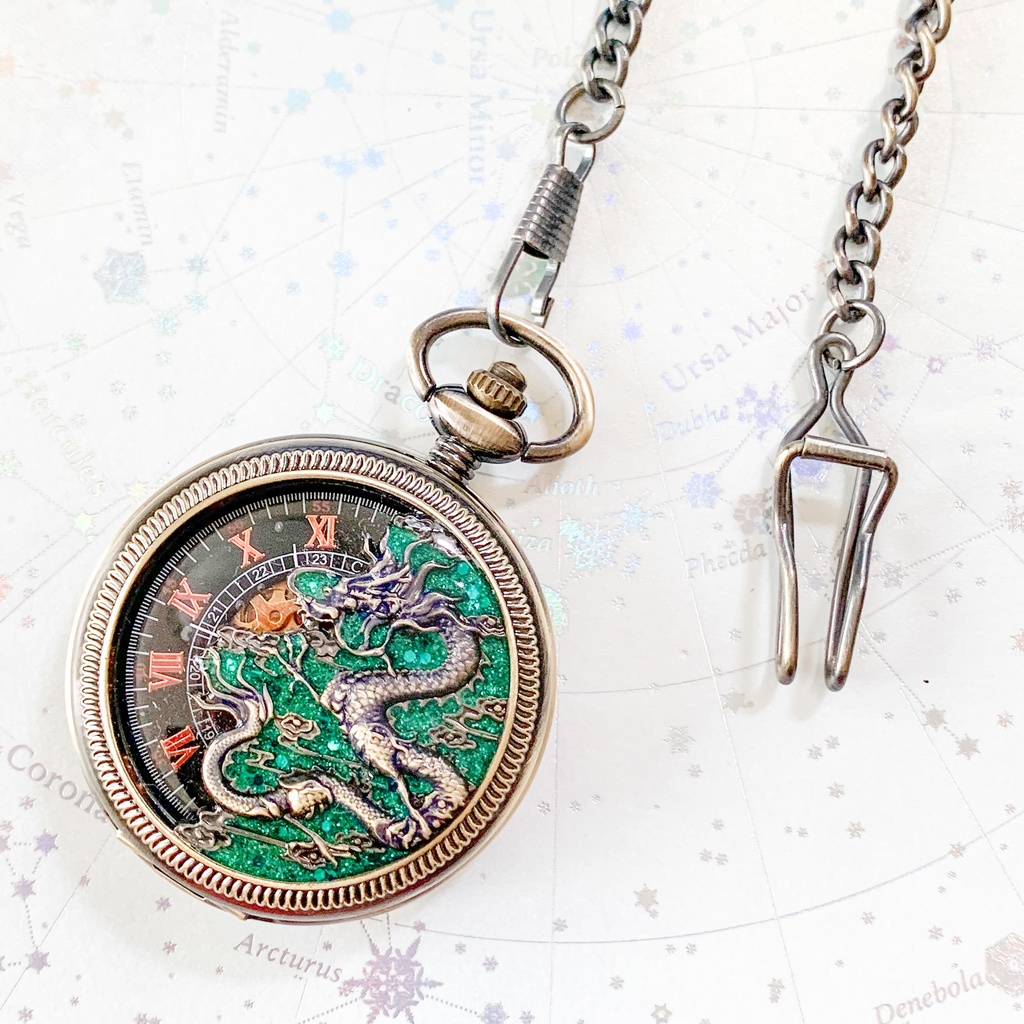 受注再販 装飾手巻き式懐中時計 緑龍