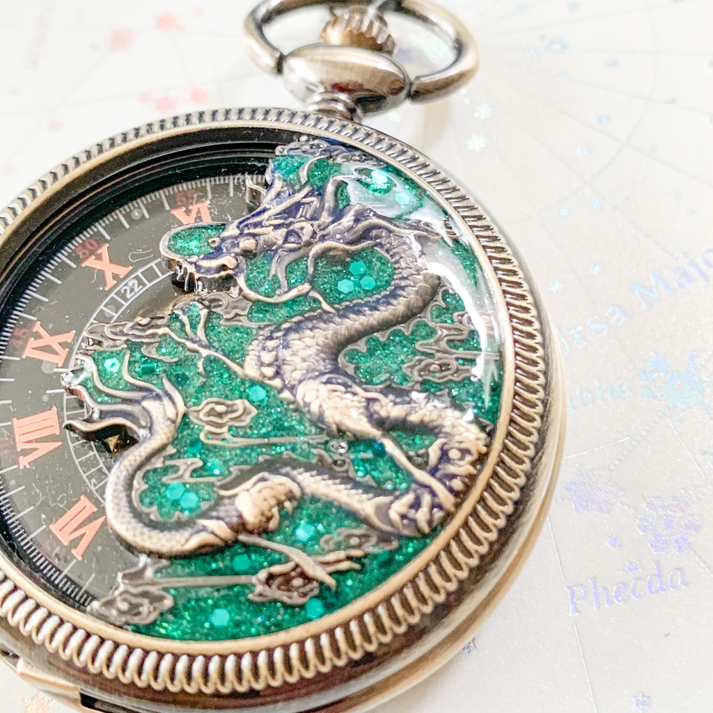 受注再販 装飾手巻き式懐中時計 緑龍