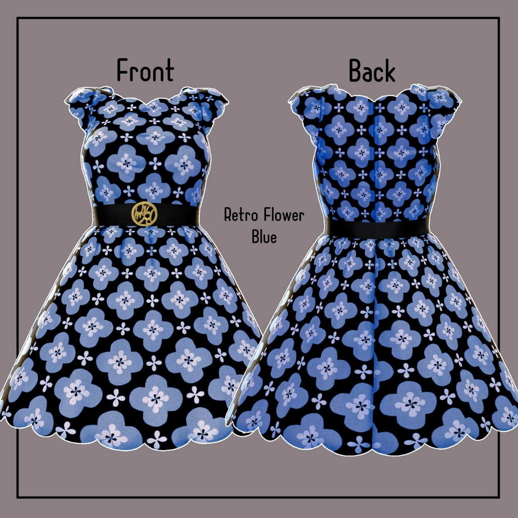 【Vroid】Belted scallop dress Retro Flower Pattern SET