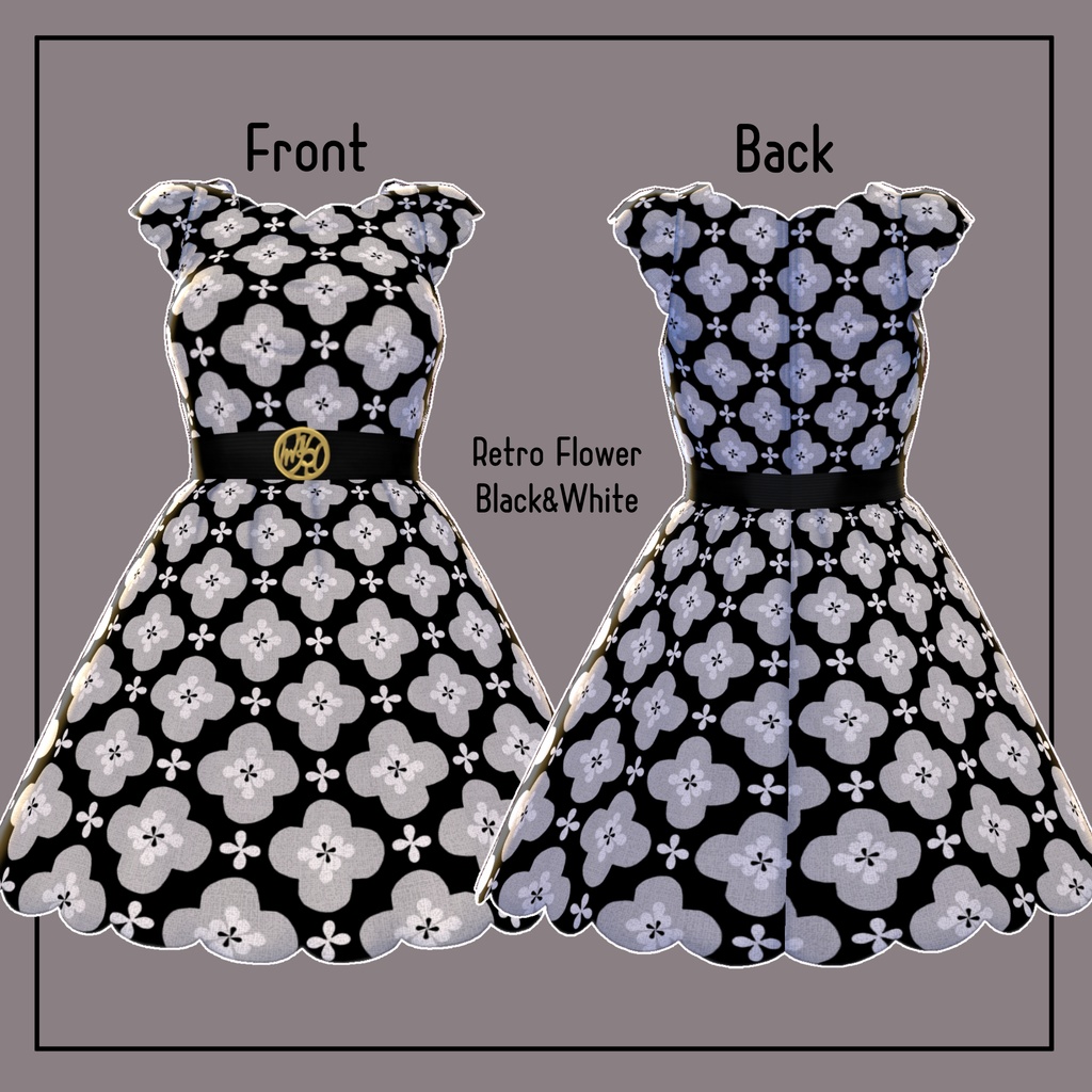 【Vroid】Belted scallop dress Retro Flower Pattern SET