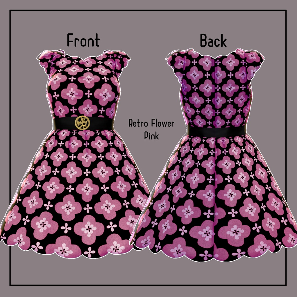 【Vroid】Belted scallop dress Retro Flower Pattern SET