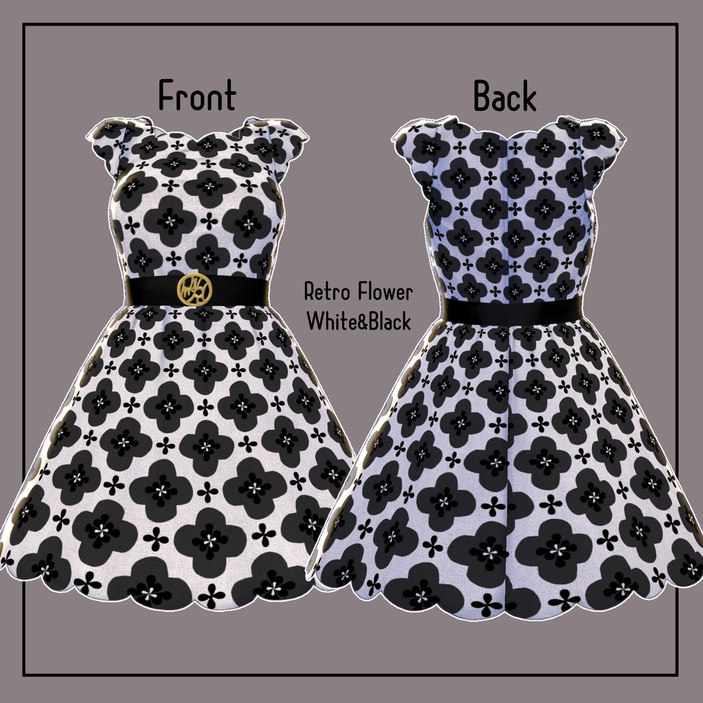 【Vroid】Belted scallop dress Retro Flower Pattern SET