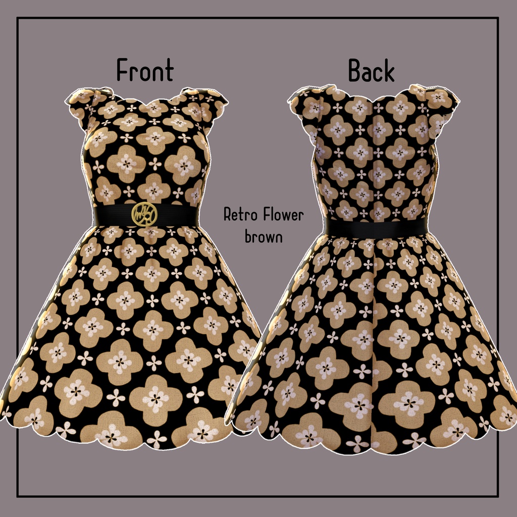 【Vroid】Belted scallop dress Retro Flower Pattern SET