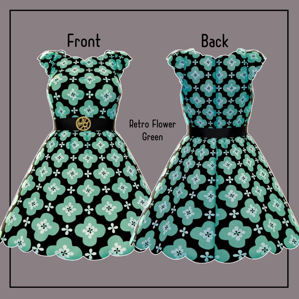 【Vroid】Belted scallop dress Retro Flower Pattern SET