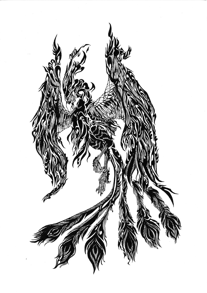 筆ペン画「朱雀」原画