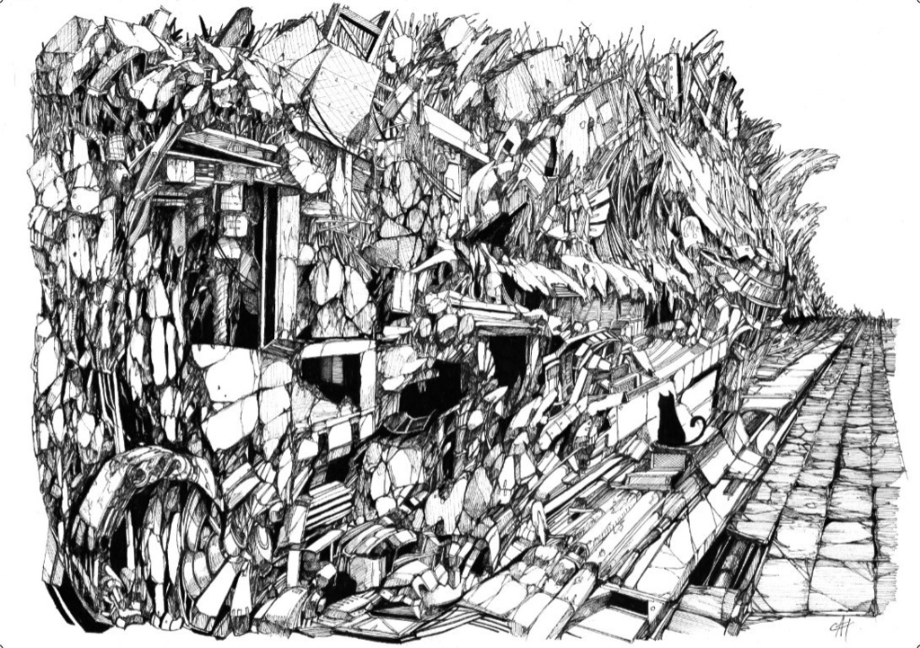 ペン画「猫と廃墟」原画