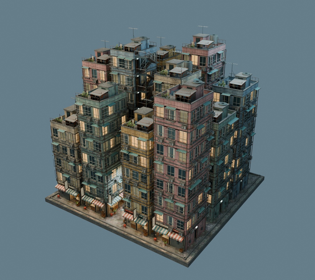 Lantern Court｜九龍城風・立体都市 3D環境モデル【Blender / GLB】