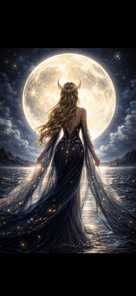 Golden Lunar Goddess - 月光の女神 - ネイビー×ゴールド神秘ヒーリング壁紙